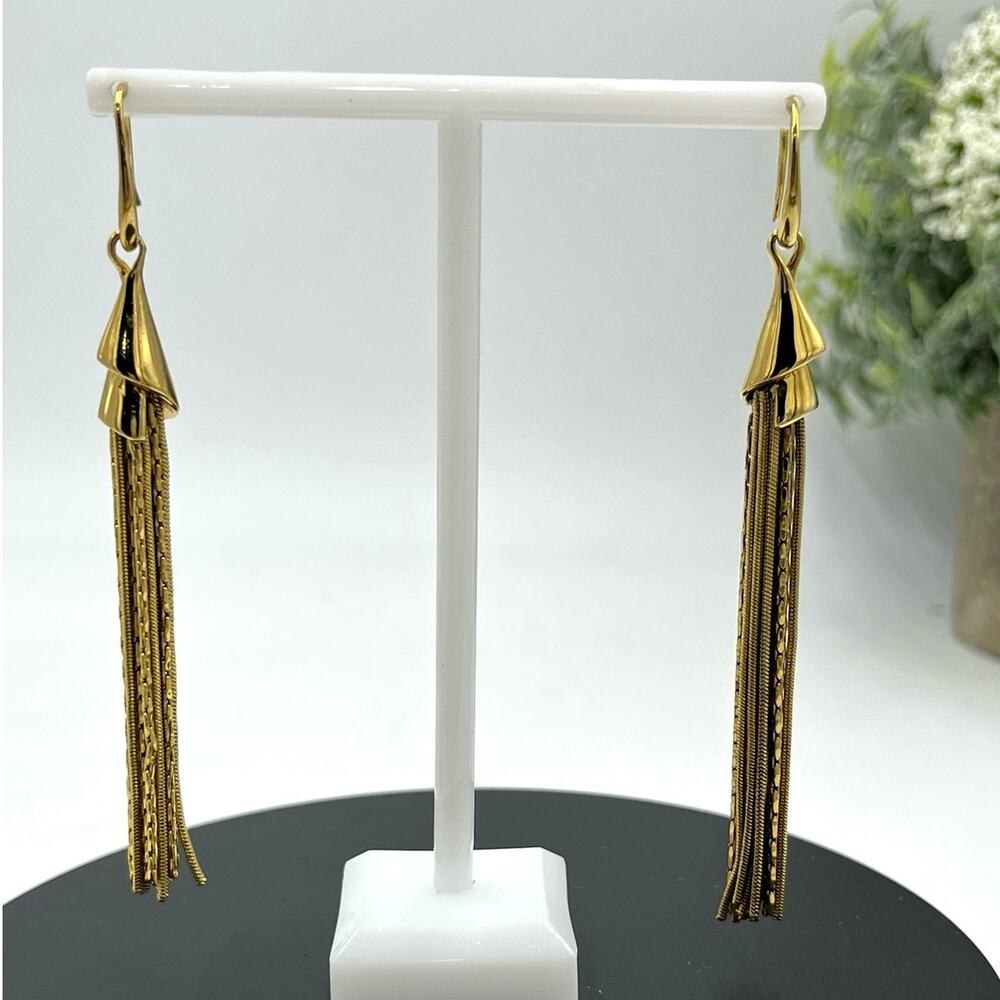 Gold‎ Tone Heavy Runway Tassel Fringe Dangle Earrings 4”